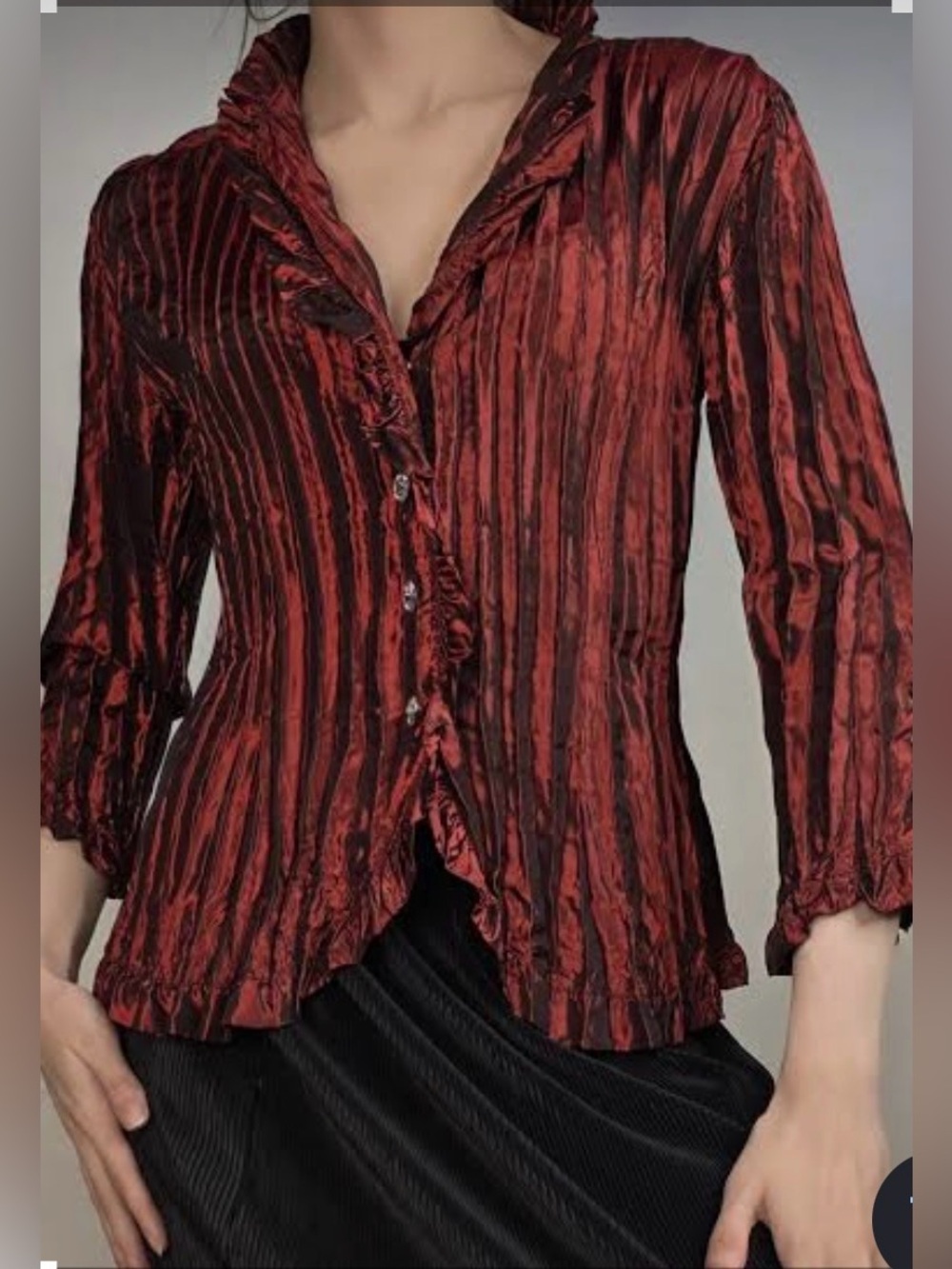 AGORA Vintage Deep Red Crimped Taffeta Jeweled Button-Front Women's Top - L